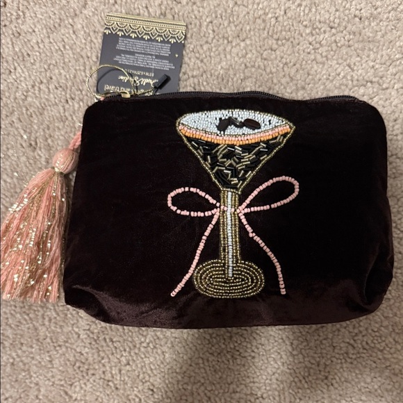 dwell studio Handbags - Brown Espresso Martini Velvet Cosmetic Bag with Beaded Cocktail Design Pink New